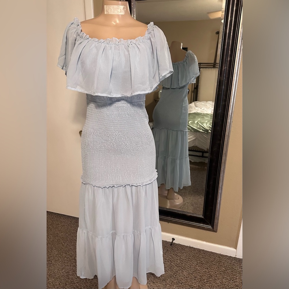 Elegant Light Blue Off-Shoulder Dress (A13)